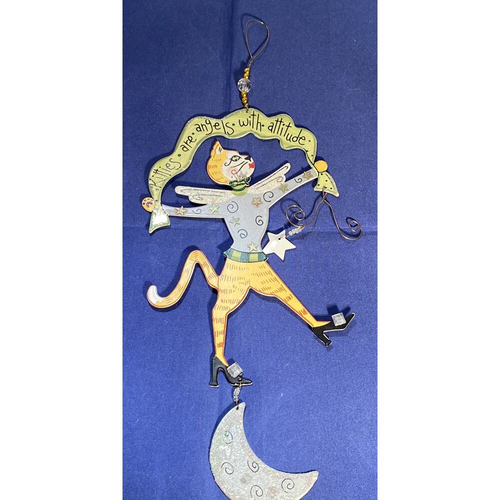 Kitties Are Angels Blue Yellow Metal Bead Collectible Ornament Mother's Day Gift
